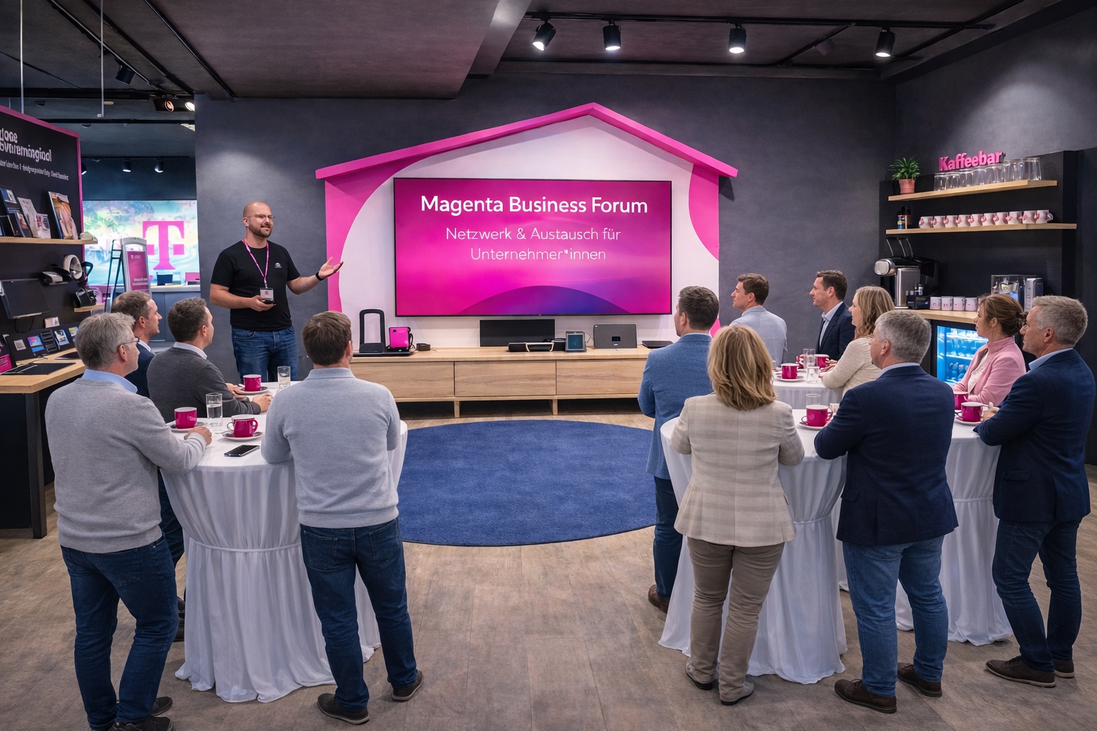Networking-Event „Magenta Business Forum“ im Telekom Shop Bad Homburg: Unternehmer*innen stehen an Stehtischen und hören einem Redner neben dem TV-Screen zu, während im Hintergrund die Kaffebar sichtbar ist.
