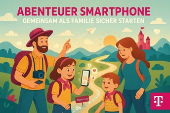 Eine Familie bestehend aus 2 Eltern und 2 Kindern auf Abenteuerreise, eins der Kinder hält ein Smartphone in der Hand