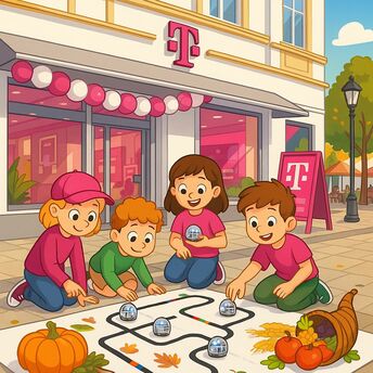 4 lachende Kinder die vor einem Telekom Shop Roboter durch einen Parcours steuern.