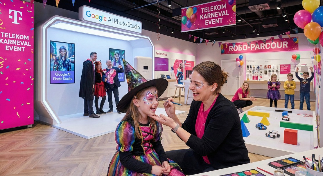 Ein festlich geschmückter Telekom Shop während eines Karnevals-Events. Im Vordergrund wird ein glückliches Mädchen in einem bunten Hexenkostüm beim Kinderschminken bemalt. Im Hintergrund befindet sich ein beleuchteter Stand für ein ‚Google AI Photo Studio‘, in dem Gäste posieren. Rechts im Bild ist eine Spielfläche mit einem Roboter-Parcours zu sehen, um den herum Kinder stehen. Der Raum ist mit magentafarbenen Luftballons und Girlanden dekoriert.