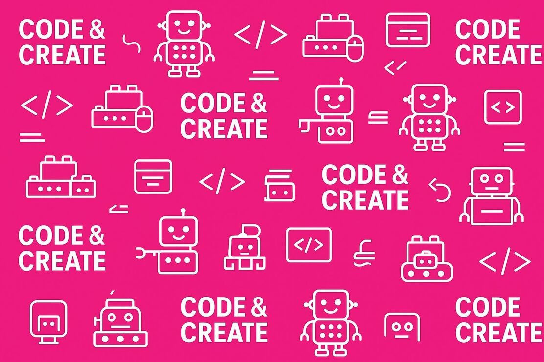 Kinder die an einem Tisch sitzen und mit Laptop spielerisch programmieren und über den Tisch fahren noch kleine Mini Roboter 