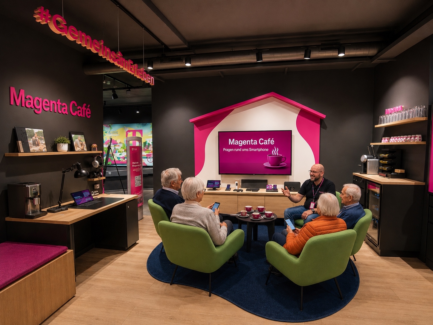 Telekom Mitarbeiter erklärt Seniorinnen und Senioren in einem Magenta Café Workshop Fragen rund ums Smartphone im Telekom Shop Bad Homburg.